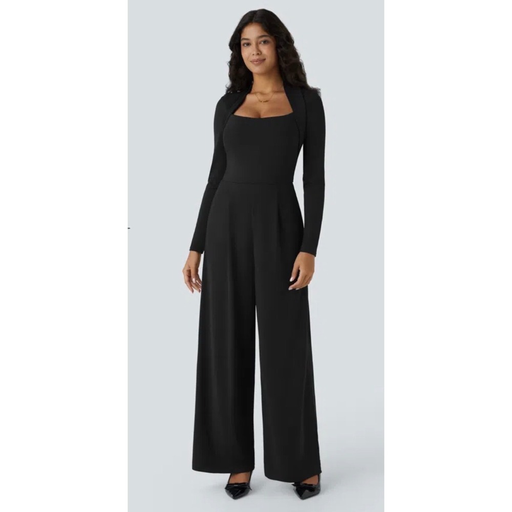 Halara Black Wide Leg Long Sleeve Jumpsuit Square Neck Petite Medium Brand New